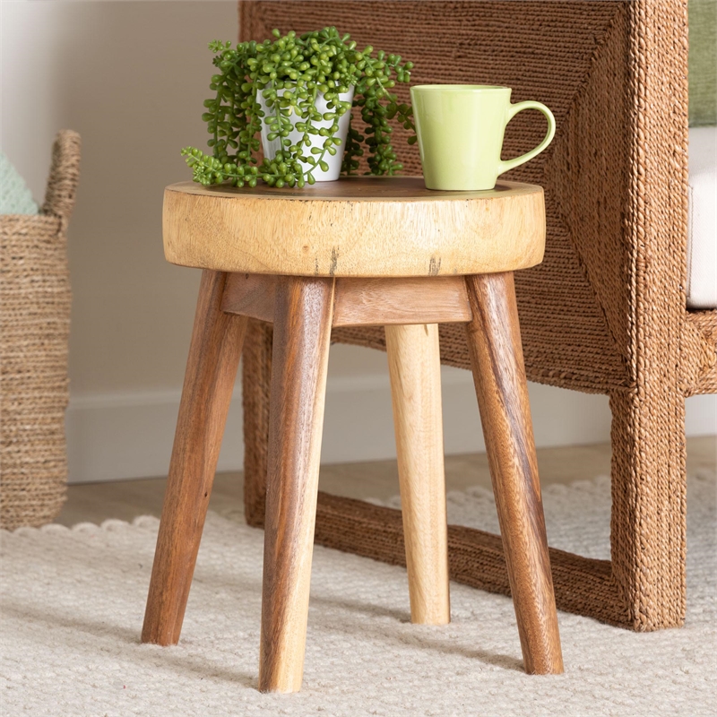 Pemberly Row Solid Suar Wood Round End Table with Tapered Legs