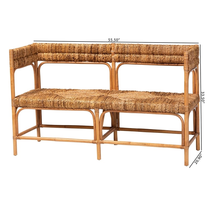 Pemberly Row Natural Rattan and Seagrass Bench with Geometric Woven Seats