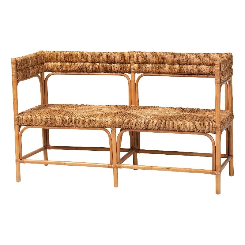 Pemberly Row Natural Rattan and Seagrass Bench with Geometric Woven Seats