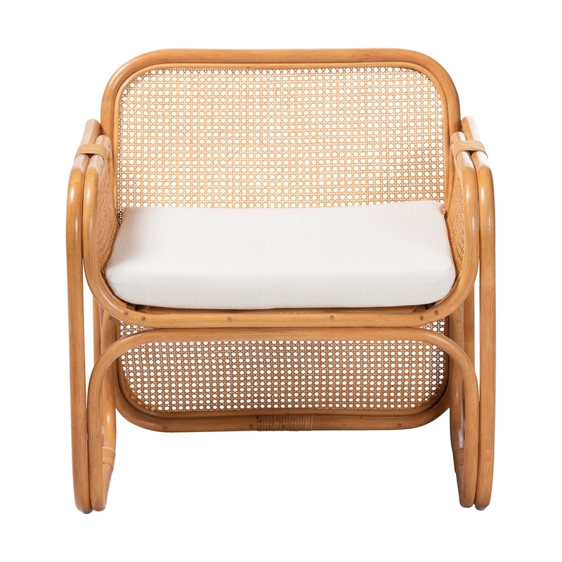 Pemberly Row Natural Rattan Armchair with Woven Panels and Removable Cushion
