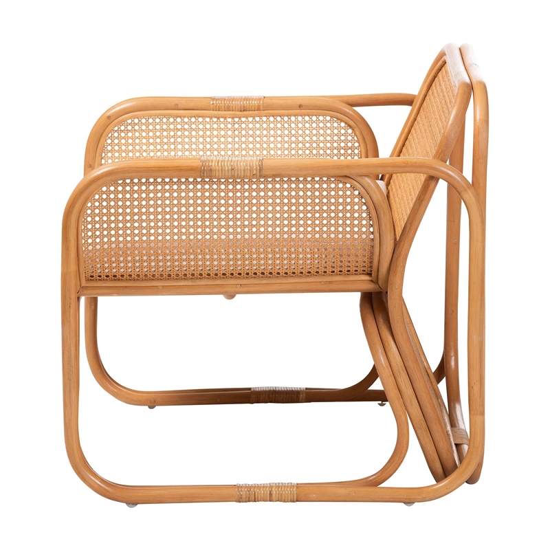 Pemberly Row Natural Rattan Armchair with Woven Panels and Removable Cushion