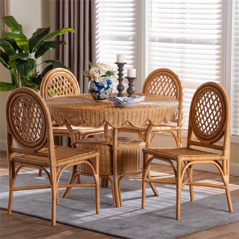 Pemberly Row 5-Piece Natural Rattan Dining Set in Honey with Scalloped Table
