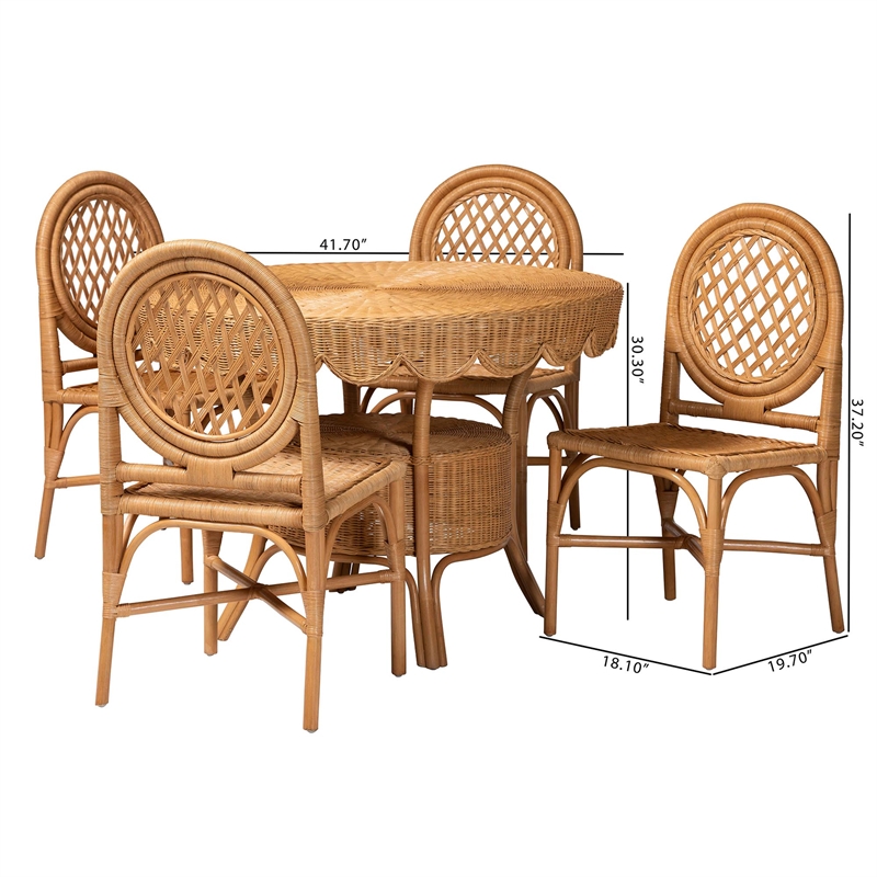 Pemberly Row 5-Piece Natural Rattan Dining Set in Honey with Scalloped Table