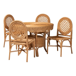 Pemberly Row 5-Piece Natural Rattan Dining Set in Honey with Scalloped Table
