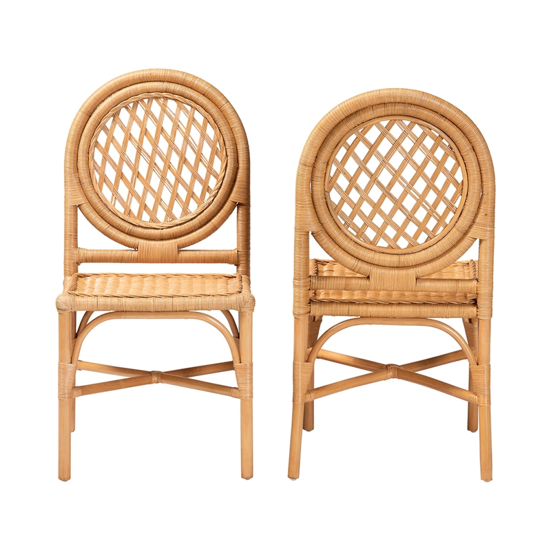 Pemberly Row Natural Rattan Dining Chair Set of 2 with Round Lattice Back