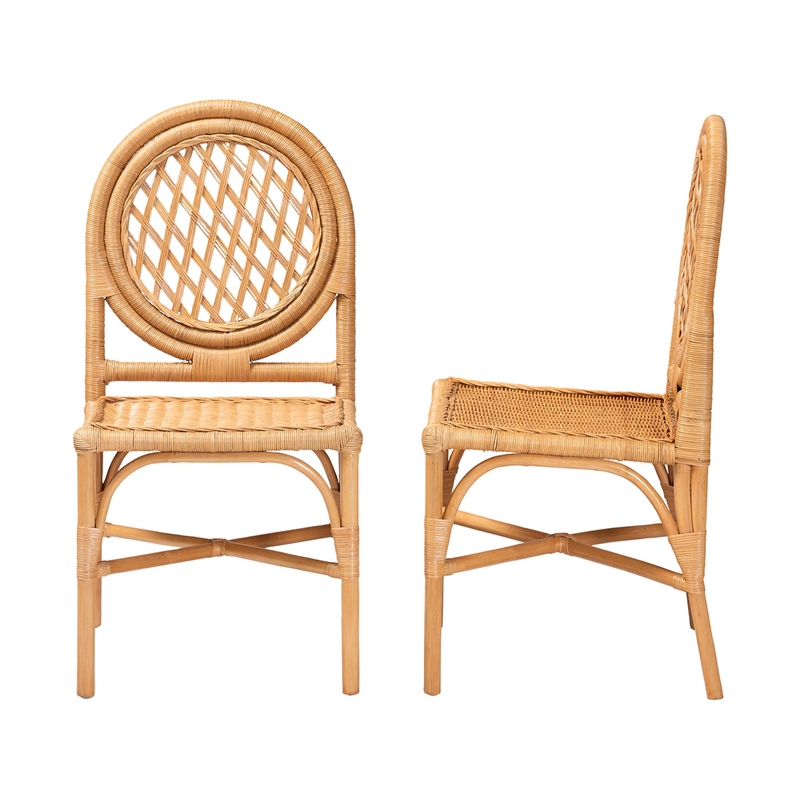 Pemberly Row Natural Rattan Dining Chair Set of 2 with Round Lattice Back