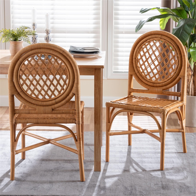 Pemberly Row Natural Rattan Dining Chair Set of 2 with Round Lattice Back