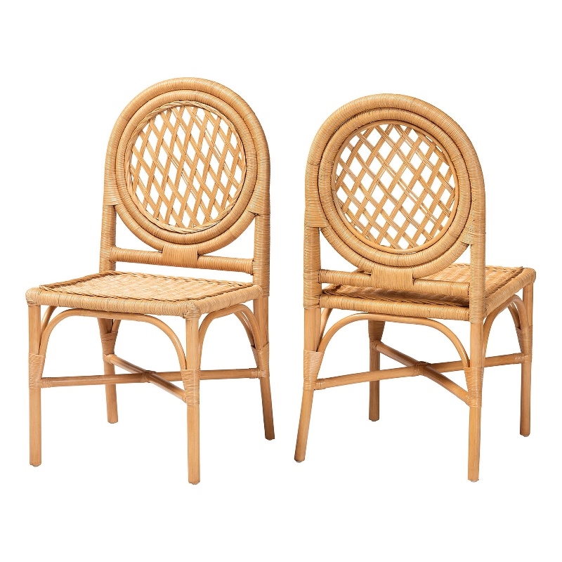 Pemberly Row Natural Rattan Dining Chair Set of 2 with Round Lattice Back