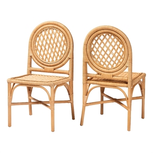 Pemberly Row Natural Rattan Dining Chair Set of 2 with Round Lattice Back