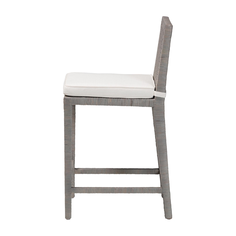 Pemberly Row Grey Rattan Counter Stool with Mahogany Frame and Footrest