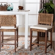Pemberly Row Brown Seagrass Counter Stool with Mahogany Frame and Footrest