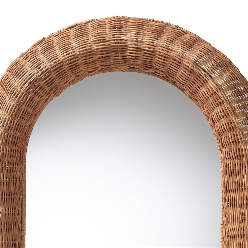 Pemberly Row Natural Rattan Arched Wall Mirror with Woven Pole Frame