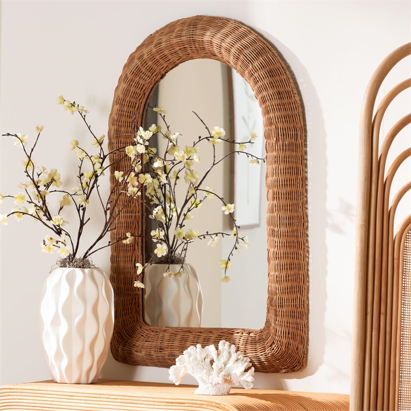 Pemberly Row Natural Rattan Arched Wall Mirror with Woven Pole Frame