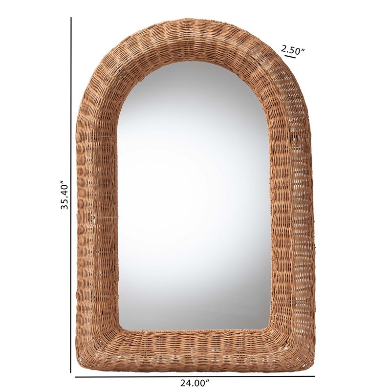 Pemberly Row Natural Rattan Arched Wall Mirror with Woven Pole Frame
