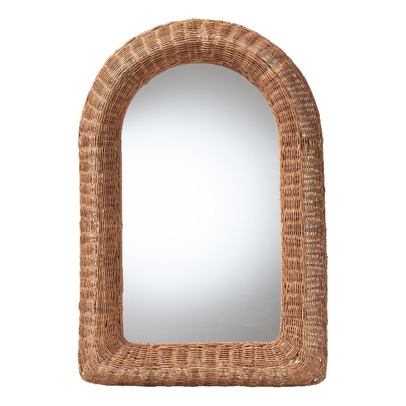 Pemberly Row Natural Rattan Arched Wall Mirror with Woven Pole Frame
