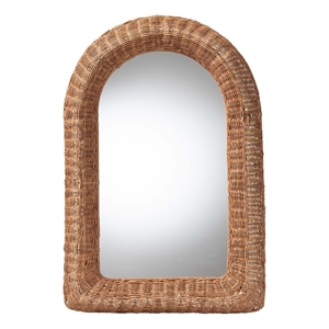 Pemberly Row Natural Rattan Arched Wall Mirror with Woven Pole Frame