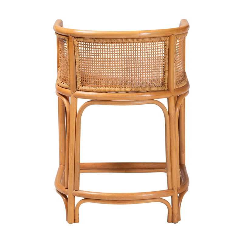 Pemberly Row Natural Rattan Counter Stool with Woven Backrest and Cushion