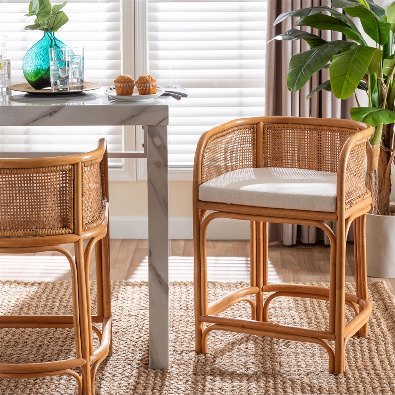 Pemberly Row Natural Rattan Counter Stool with Woven Backrest and Cushion