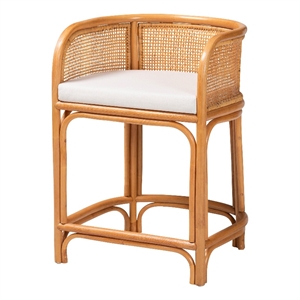 Pemberly Row Natural Rattan Counter Stool with Woven Backrest and Cushion