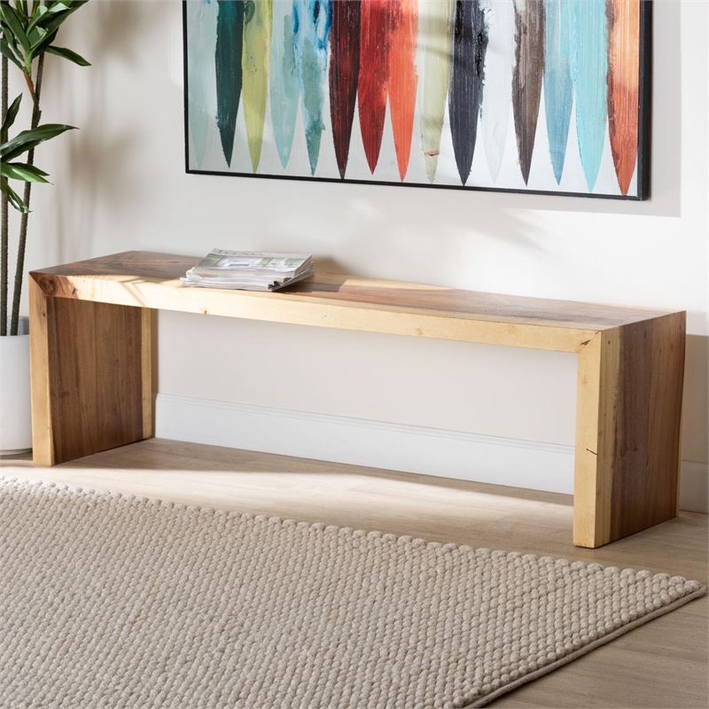 Pemberly Row Hand-Carved Solid Suar Wood Accent Bench with Sleek Profile