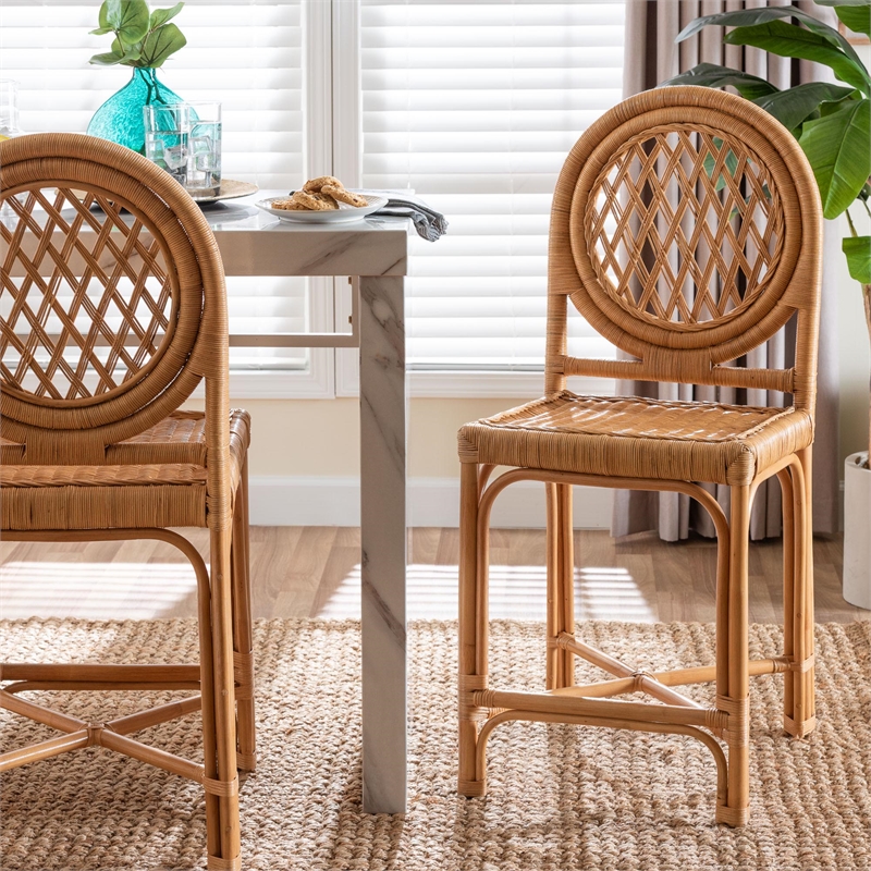 Pemberly Row Natural Rattan Counter Stool with Round Lattice Backrest