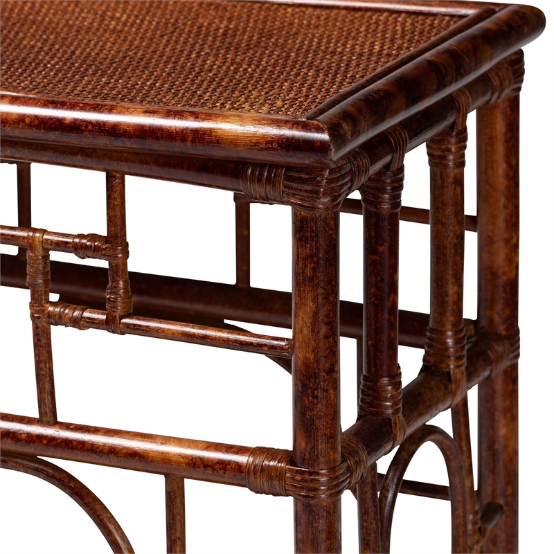 Pemberly Row Tortoise Finish Rattan Console Table with Open Shelf