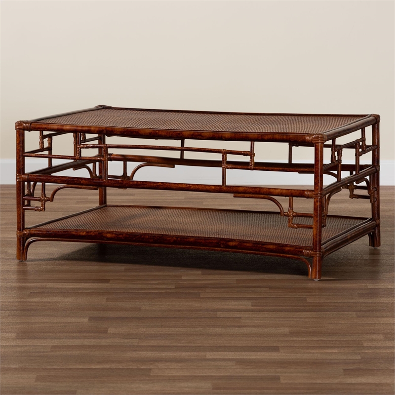 Pemberly Row Tortoise Finish Rattan Coffee Table with Open Shelf