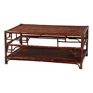 Pemberly Row Tortoise Finish Rattan Coffee Table with Open Shelf