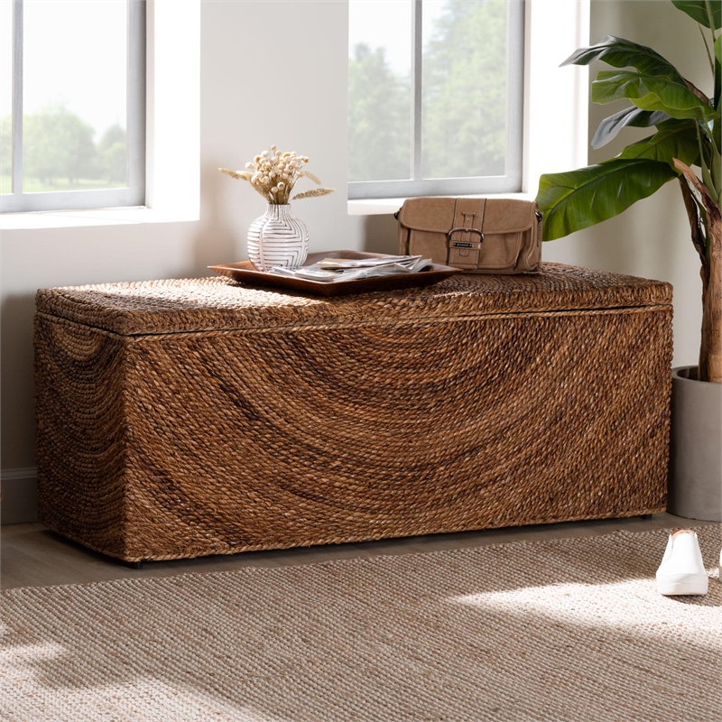 Pemberly Row Handwoven Seagrass Storage Bench with Spiral Design and Lid