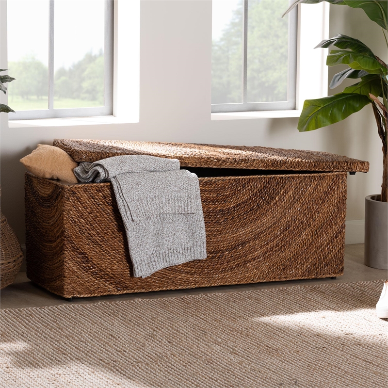 Pemberly Row Handwoven Seagrass Storage Bench with Spiral Design and Lid