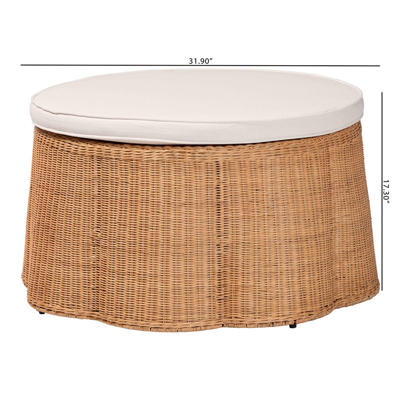 Pemberly Row Round Scalloped Rattan Ottoman with Removable Cushion