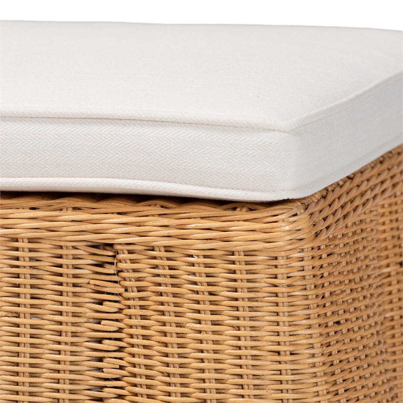Pemberly Row Rectangular Scalloped Rattan Ottoman with Removable Cushion