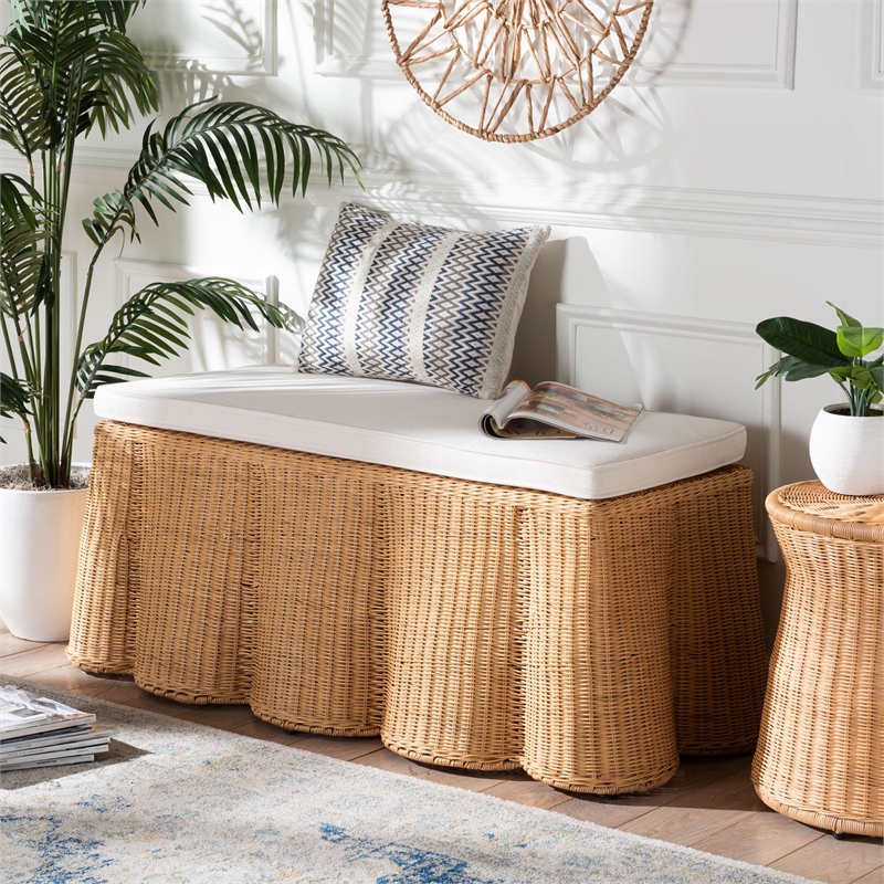 Pemberly Row Rectangular Scalloped Rattan Ottoman with Removable Cushion