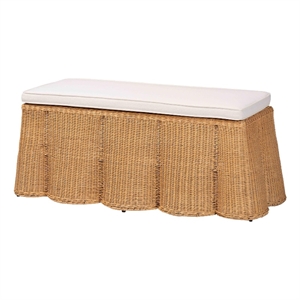 Pemberly Row Rectangular Scalloped Rattan Ottoman with Removable Cushion
