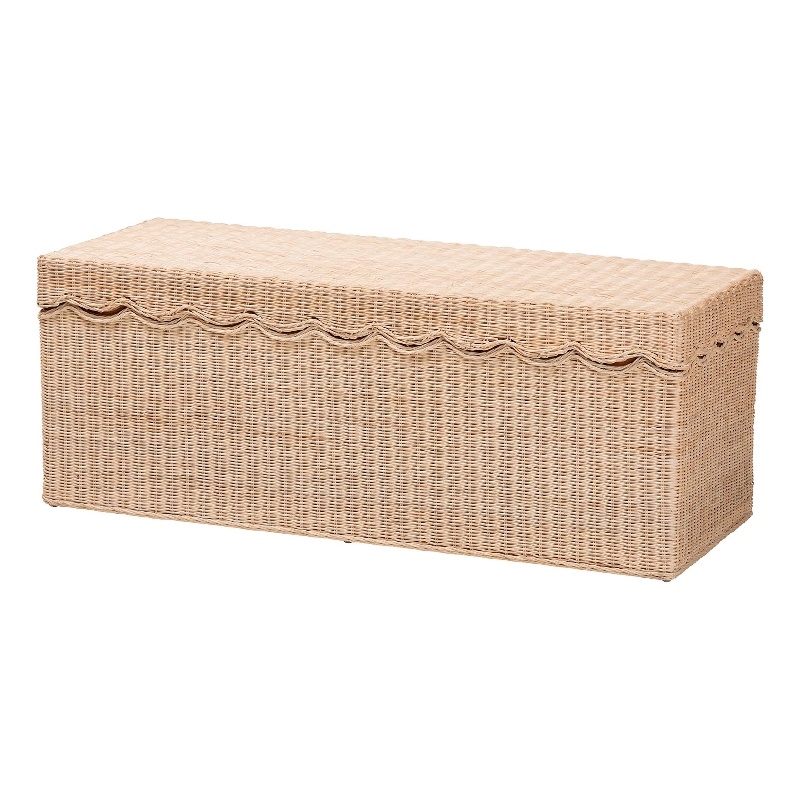 Pemberly Row Scalloped Natural Rattan Storage Bench with Lift-Top Lid