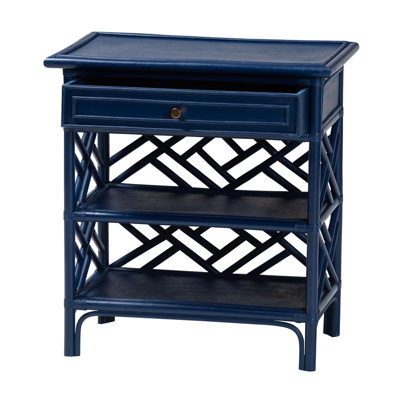 Pemberly Row Chippendale-Style Rattan Nightstand with Drawer and 2 Shelves