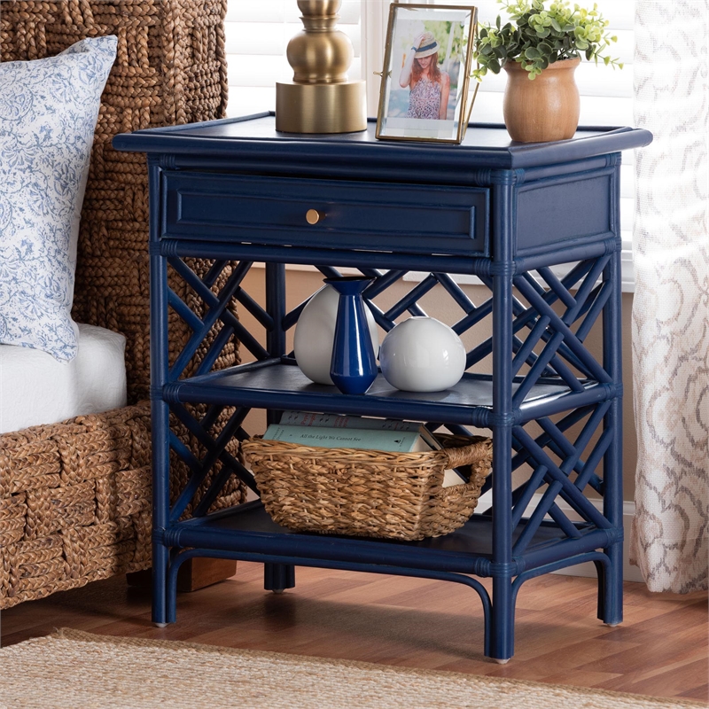 Pemberly Row Chippendale-Style Rattan Nightstand with Drawer and 2 Shelves