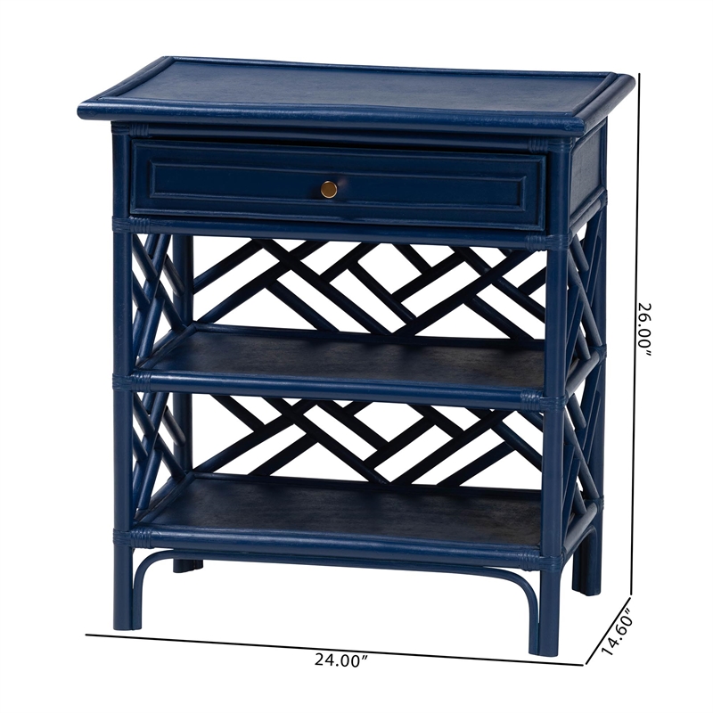 Pemberly Row Chippendale-Style Rattan Nightstand with Drawer and 2 Shelves