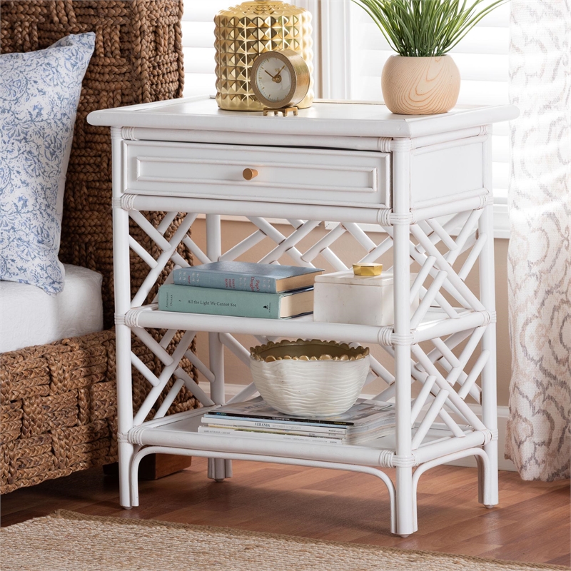 Pemberly Row Chippendale Rattan Nightstand with Drawer and 2 Shelves