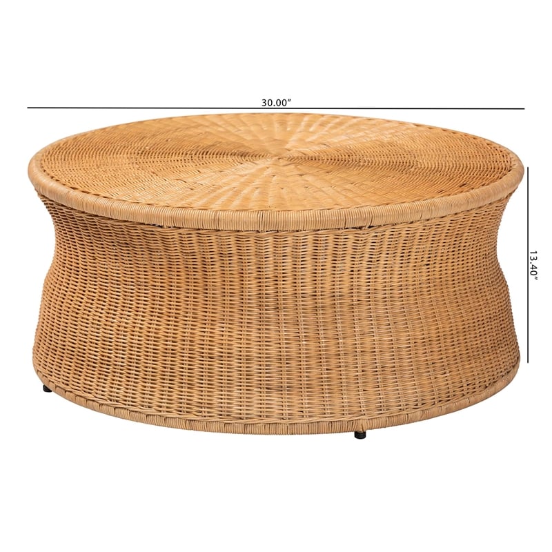 Pemberly Row Round Natural Rattan Coffee Table with Tapered Sides