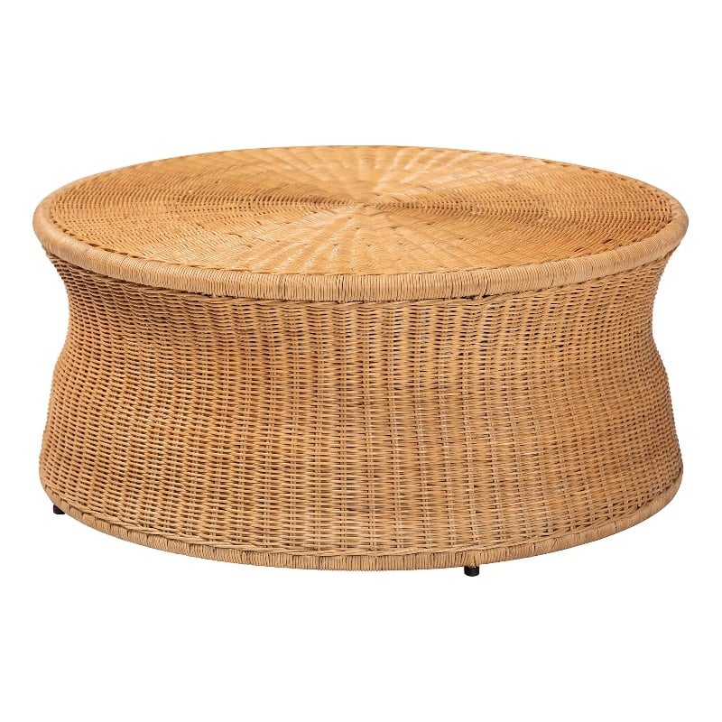 Pemberly Row Round Natural Rattan Coffee Table with Tapered Sides