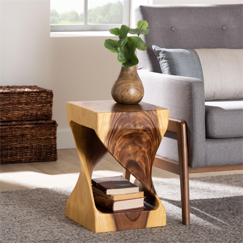 Pemberly Row Hand-Carved Suar Wood Twisted Openwork Side Table