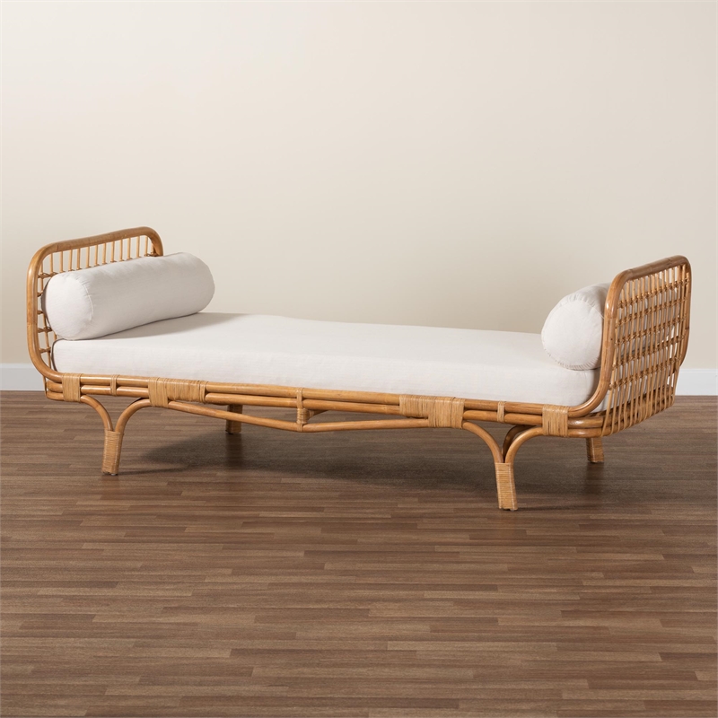 Pemberly Row Natural Rattan Lattice Daybed with Cushion and Pillows