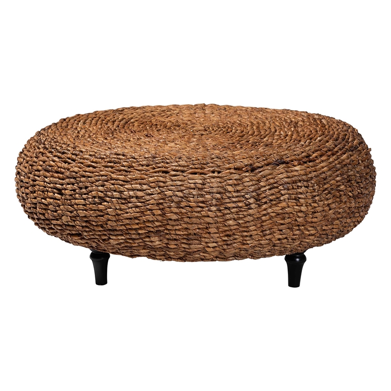 Pemberly Row Handwoven Seagrass Round Coffee Table with Turned Legs