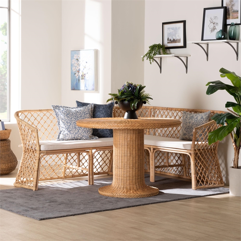Pemberly Row Light Honey Rattan 3-Piece Dining Nook with Open Weave Design
