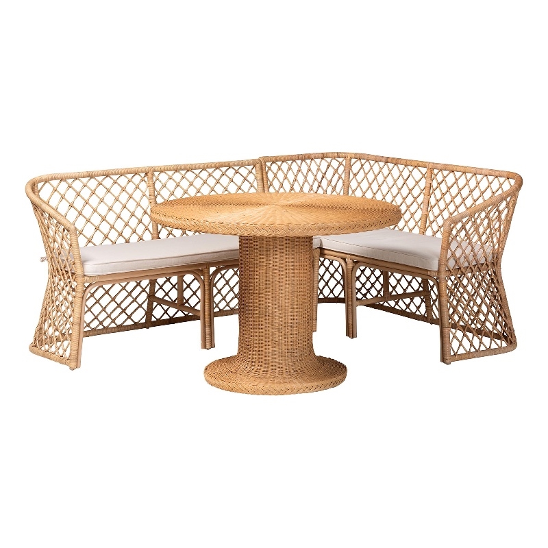 Pemberly Row Light Honey Rattan 3-Piece Dining Nook with Open Weave Design