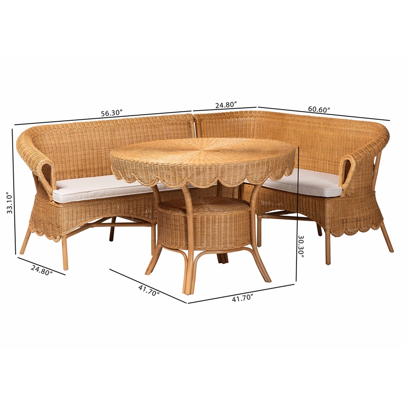 Pemberly Row Light Honey Rattan 3-Piece Dining Nook with Scalloped Edges