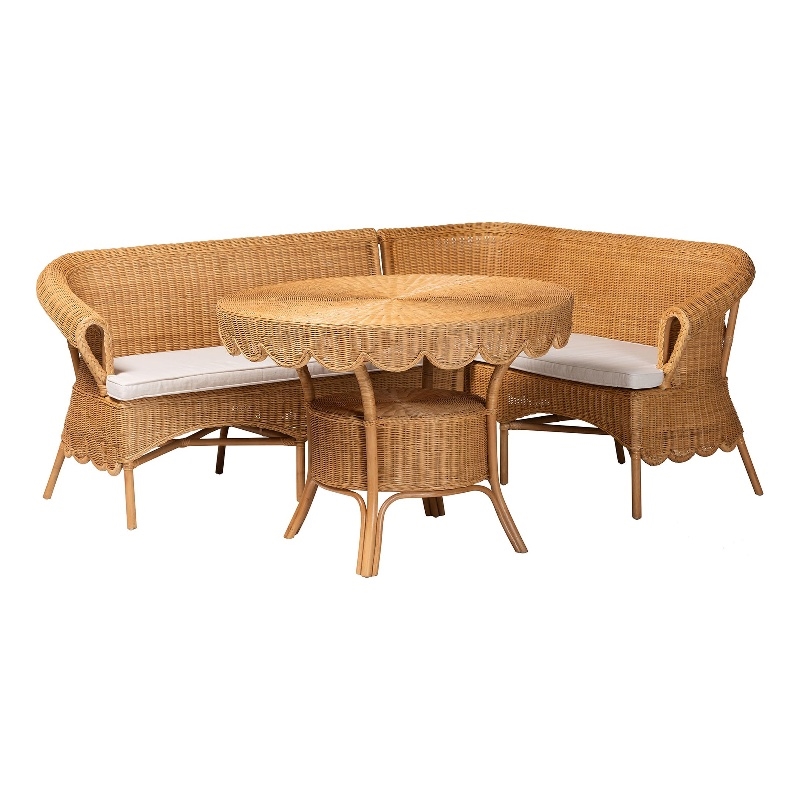 Pemberly Row Light Honey Rattan 3-Piece Dining Nook with Scalloped Edges