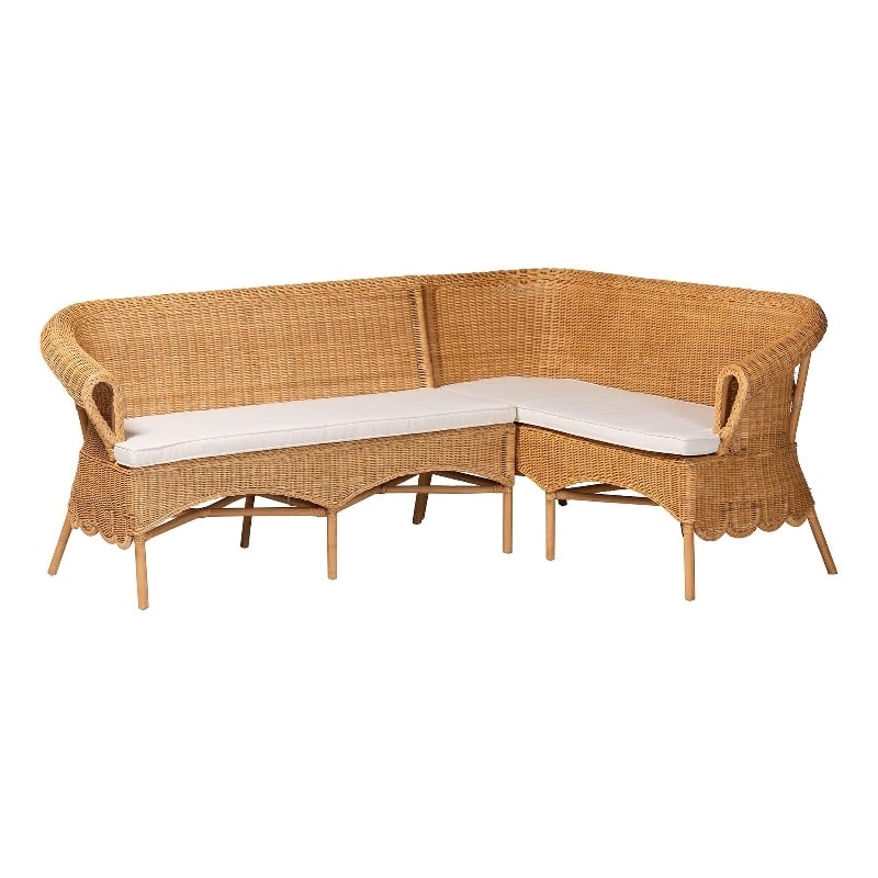 Pemberly Row Light Honey Rattan 2-Piece Scalloped Corner Bench Set