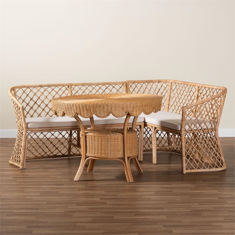 Pemberly Row Light Honey Rattan 3-Piece Dining Nook with Open Weave Benches
